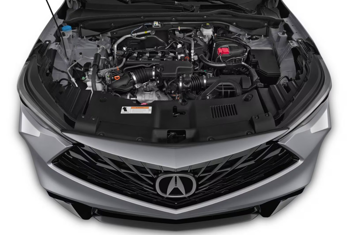 Front view of an Acura sedan with its hood open, revealing the engine compartment.