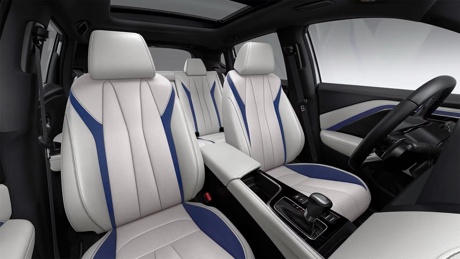 Modern car interior featuring off-white leather seats with bold blue side accents, central console, and sunroof.