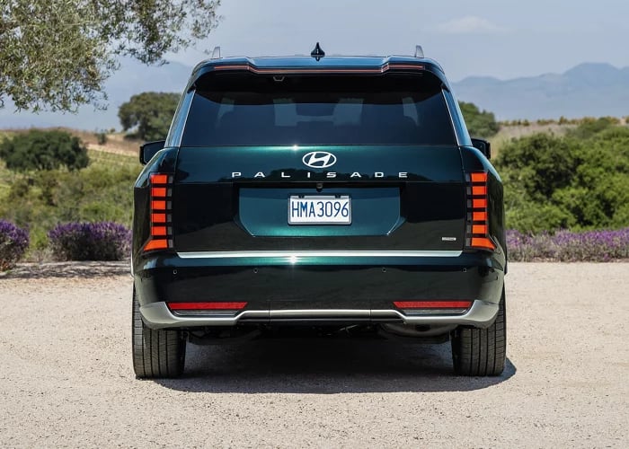 Rear view of a dark green Hyundai Palisade SUV parked on a gravel path.