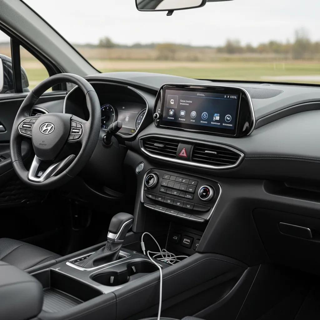 Driver seat view of a black Hyundai car interior featuring a touchscreen infotainment system and leather steering wheel.