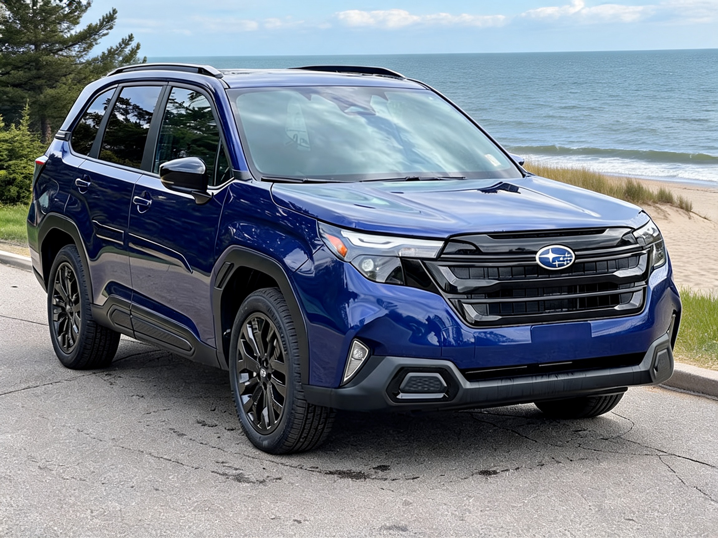 Blue 2026 Subaru Forester Sport Onyx parked on a coastal road overlooking the lake.