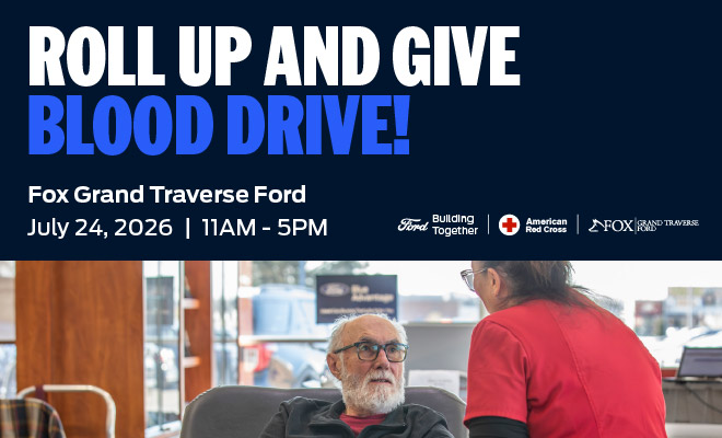 Poster for Fox Grand Traverse Ford blood drive on July 24, 2026, featuring a senior man donating blood.