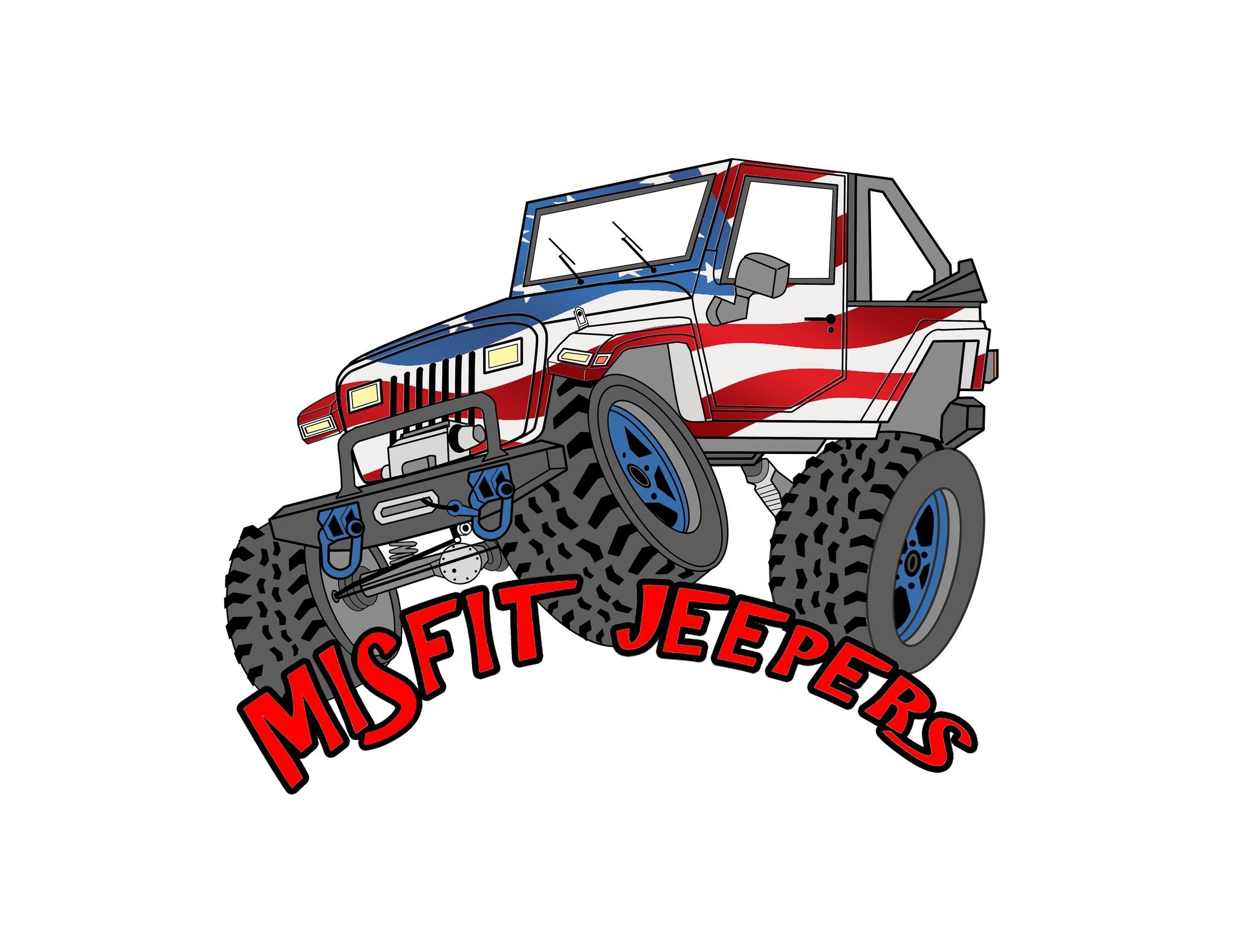 Patriotic Jeep rock crawling with 'Misfit Jeepers' logo in red, black, and blue.