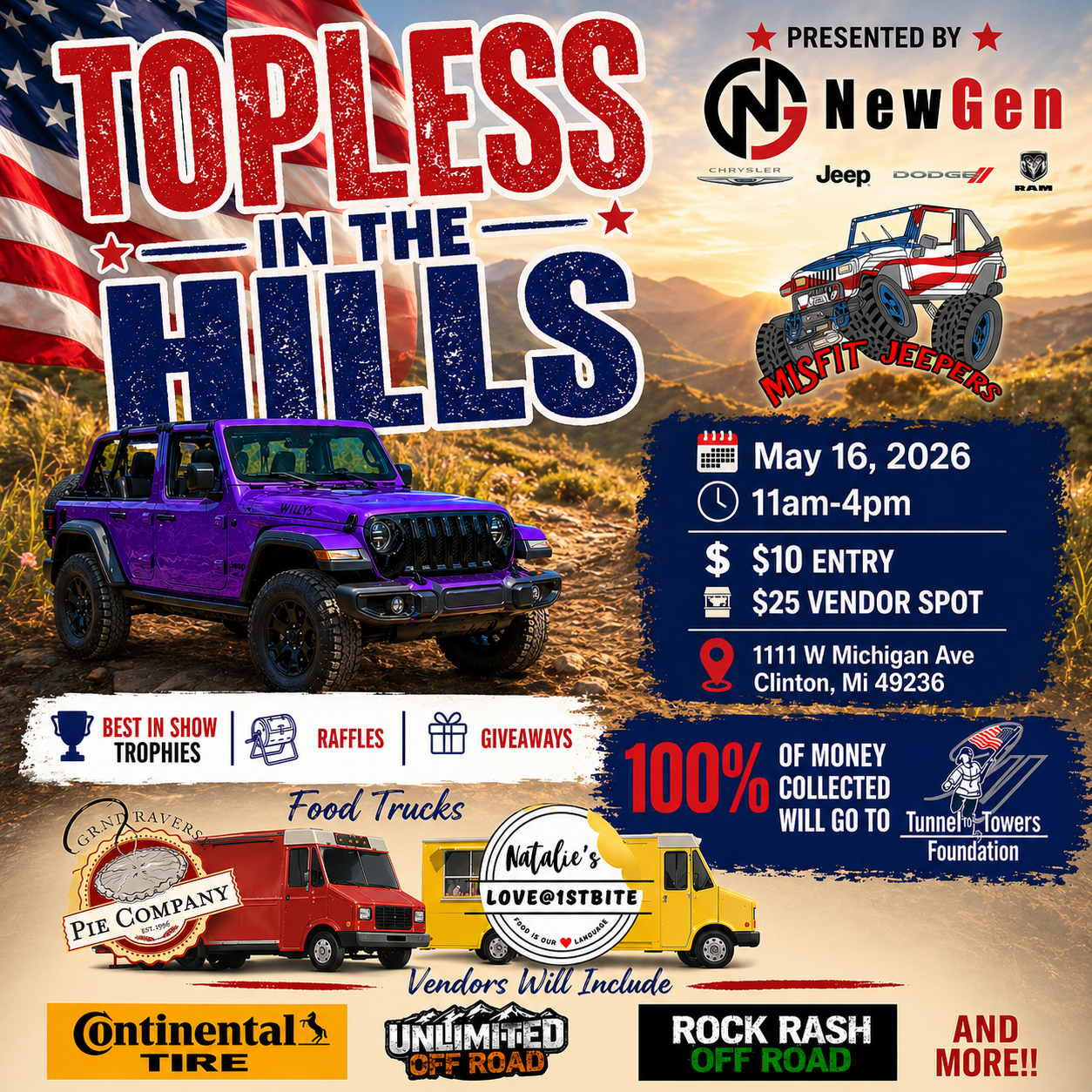 Event poster for 'Topless in the Hills' Jeep show on May 16, 2026, in Clinton, Michigan.