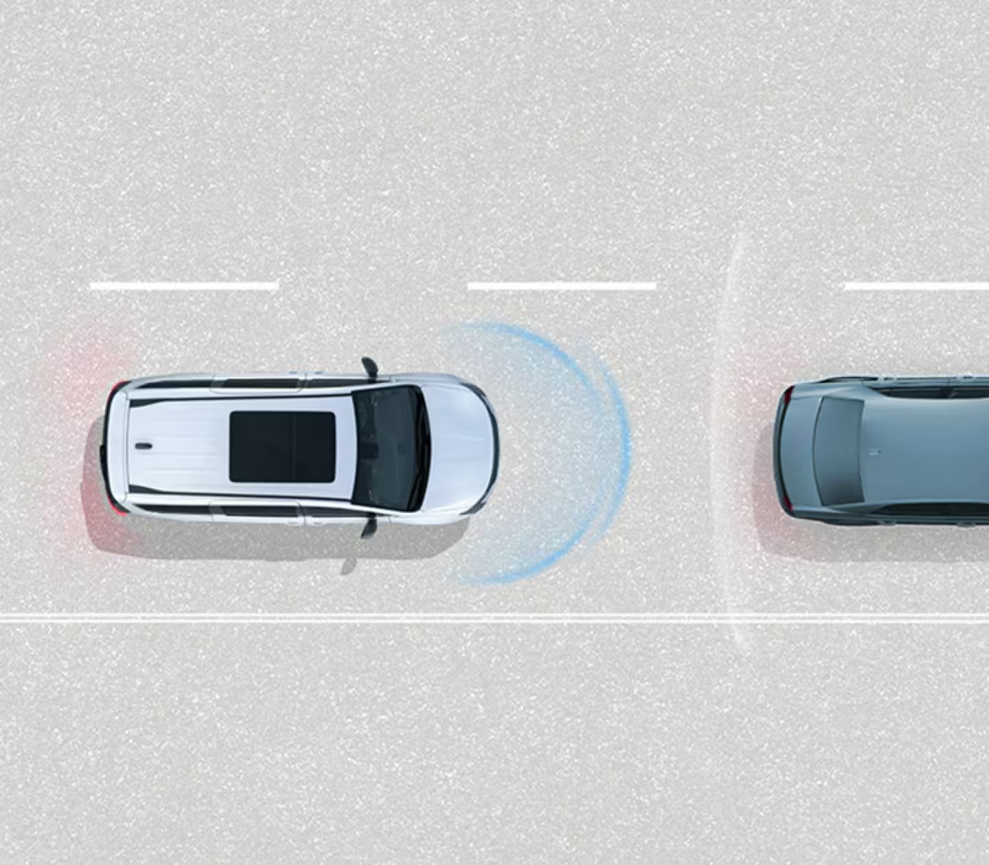 Top-down view of a white SUV using front radar sensors to track a car ahead on a road.