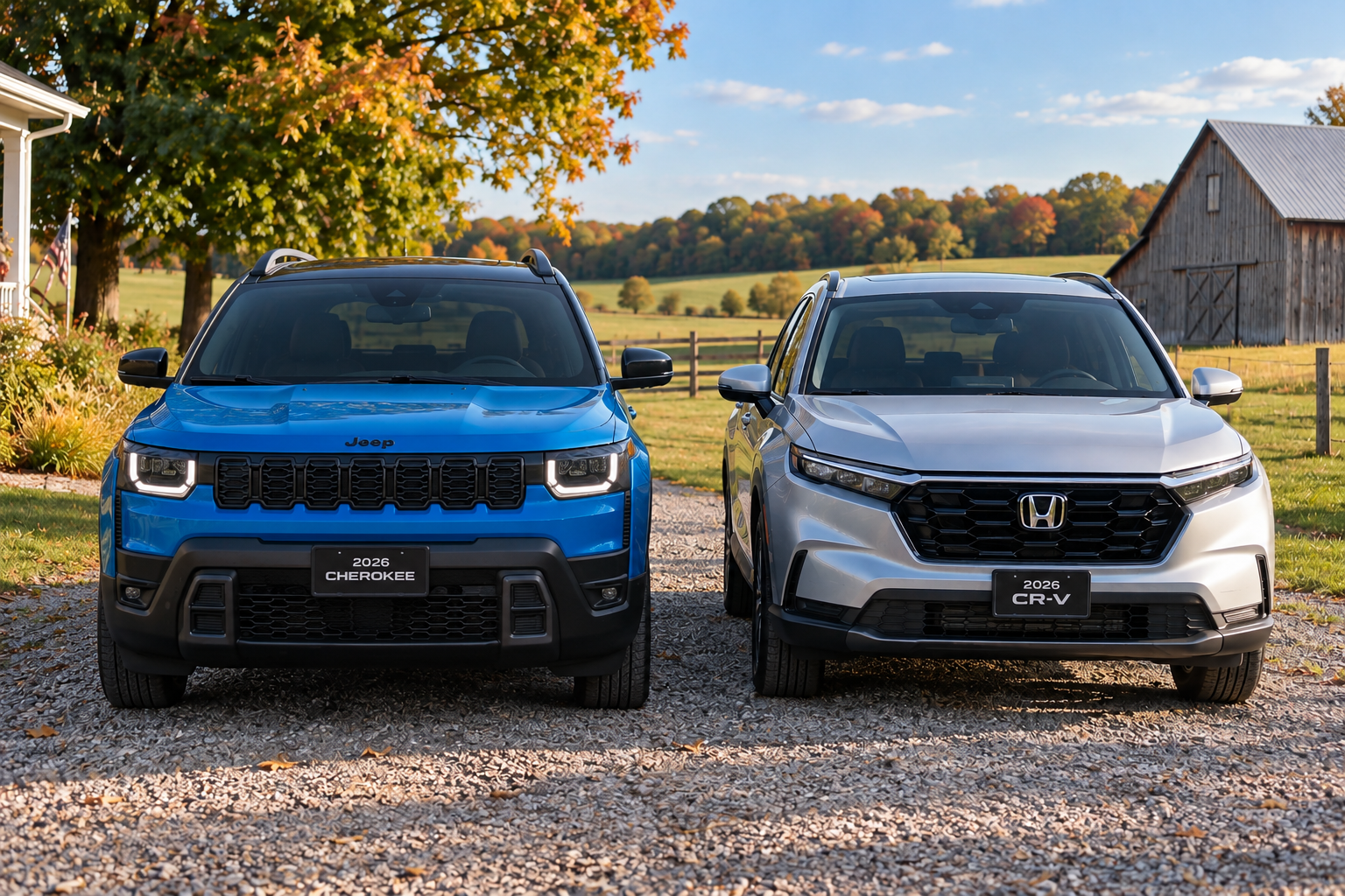 A blue 2026 Jeep Cherokee and silver 2026 Honda CR-V parked side-by-side on a gravel driveway.