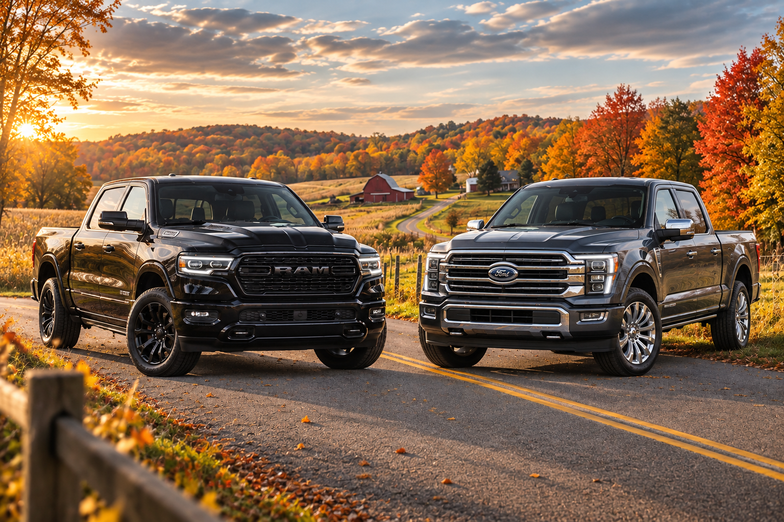Black RAM truck and grey Ford F-150 parked side by side on a rural road surrounded by colorful autumn trees at sunset.