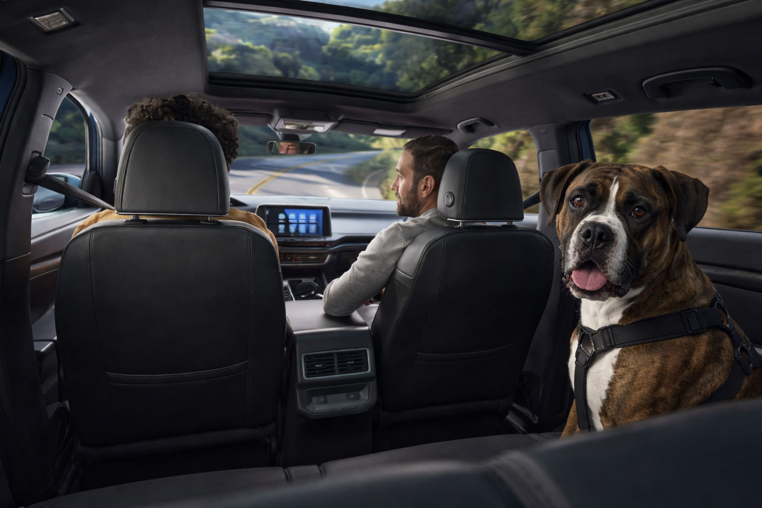 Boxer dog riding in the backseat of an Atlas Cross Sport with people.