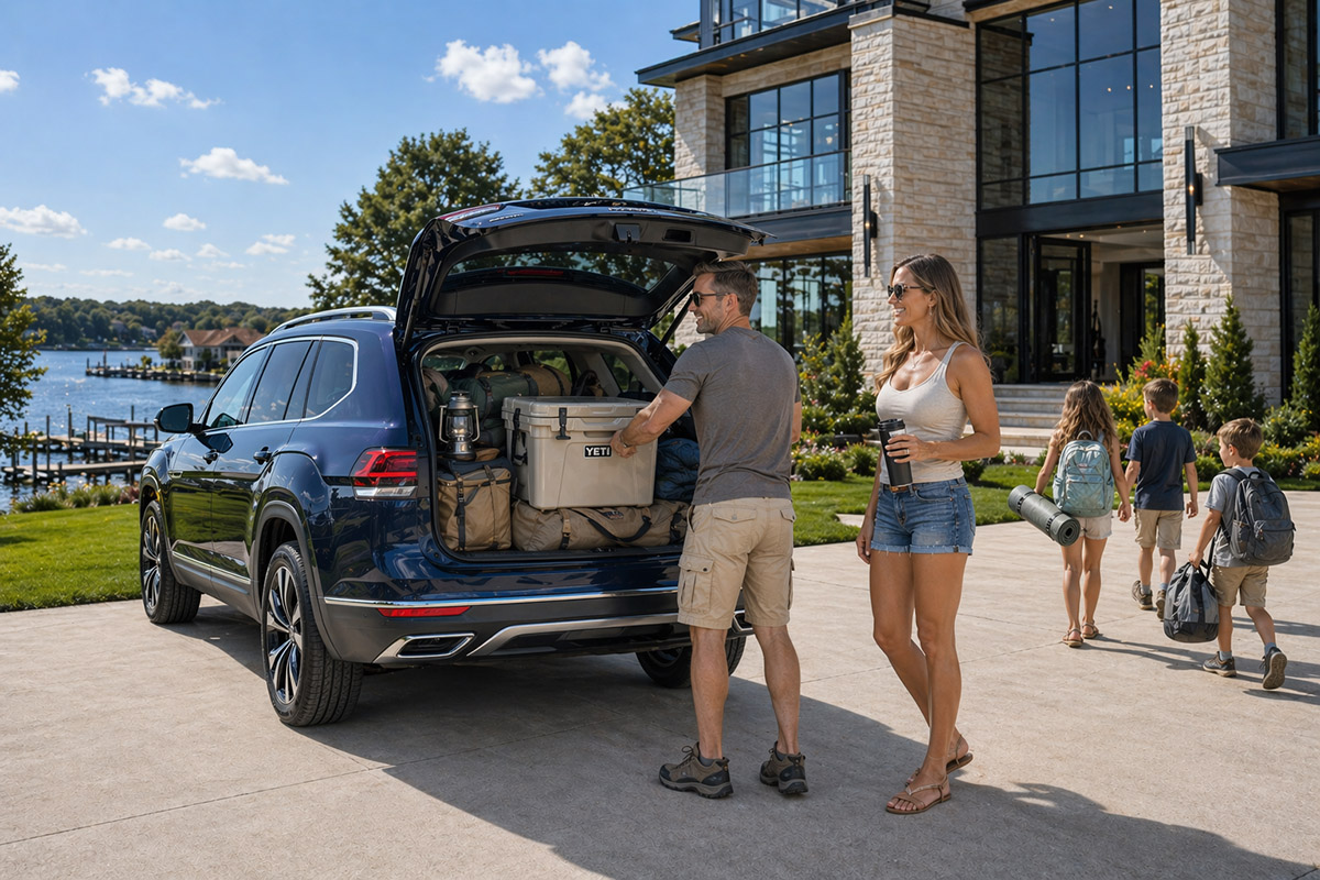 Family packs Yeti cooler into Volkswagen Atlas SUV's open trunk for camping trip near lake.