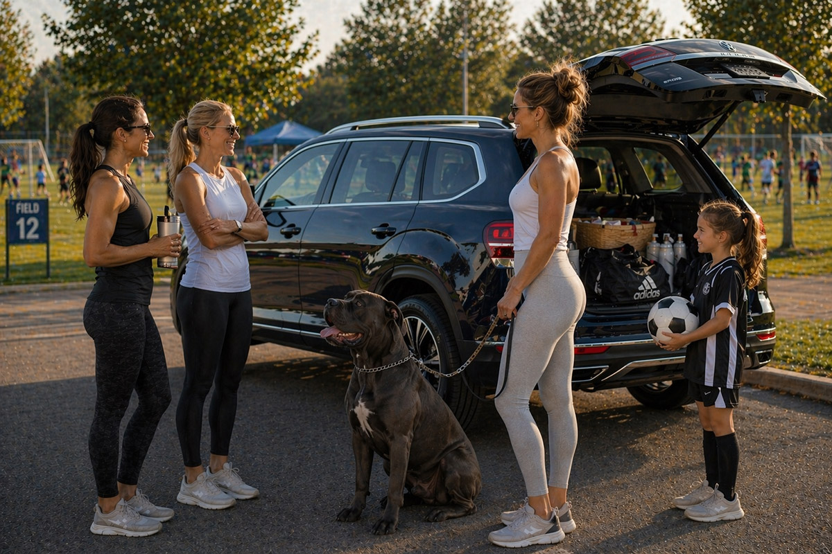 Women, girl, and dog by Atlas SUV at soccer field.