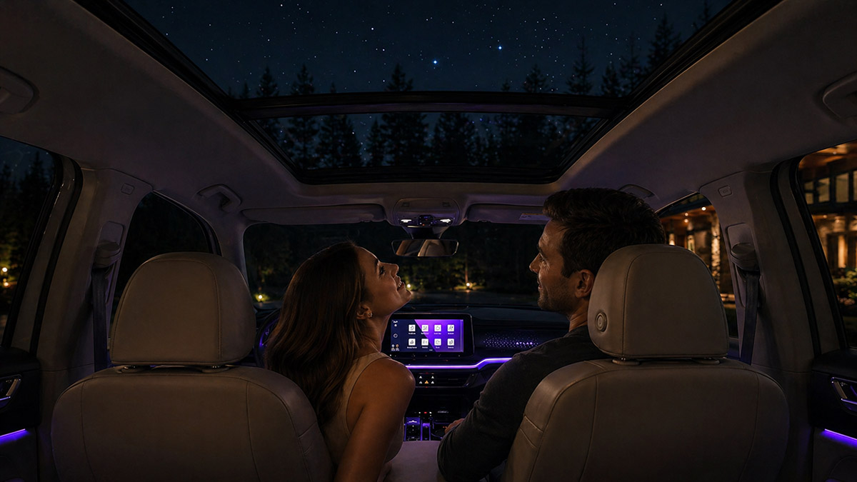 A man and woman look up at a starry night sky through the large panoramic sunroof of a VW Atlas SUV.