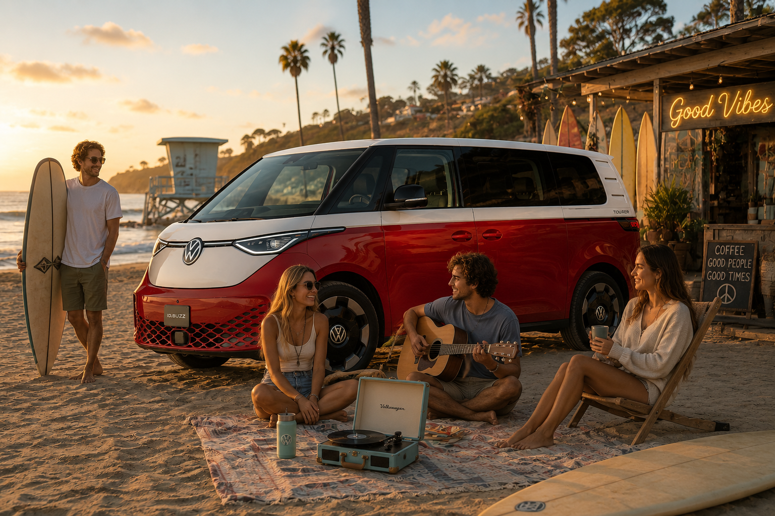 Friends relax on a beach at sunset next to a red and white electric 2027 Volkswagen ID. Buzz van.