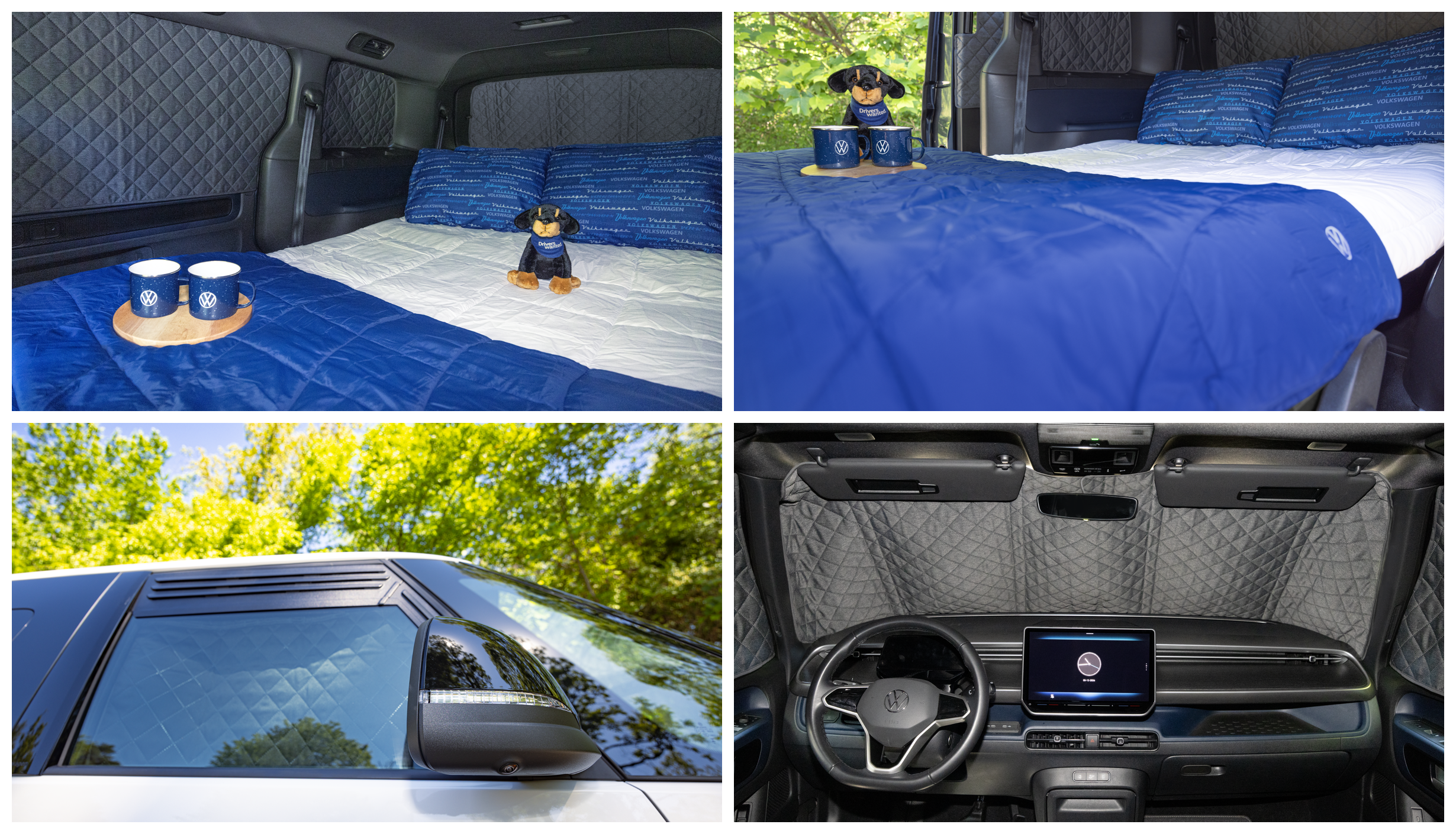 Four-panel collage showing a 2027 Volkswagen ID. Buzz converted for camping with bedding, window shades, and accessories.