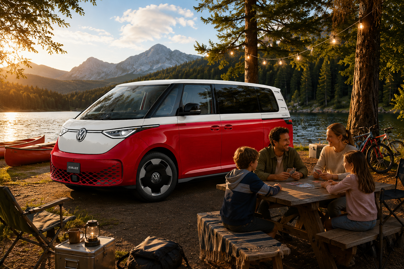 Red and white 2027 Volkswagen ID. Buzz parked by a lake with a family playing cards at a picnic table.