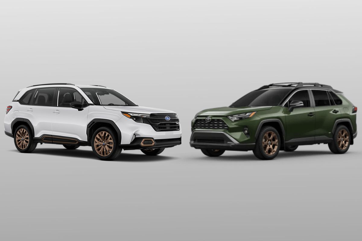 White Subaru Forester next to olive-green Toyota RAV4, both with bronze-colored rims.