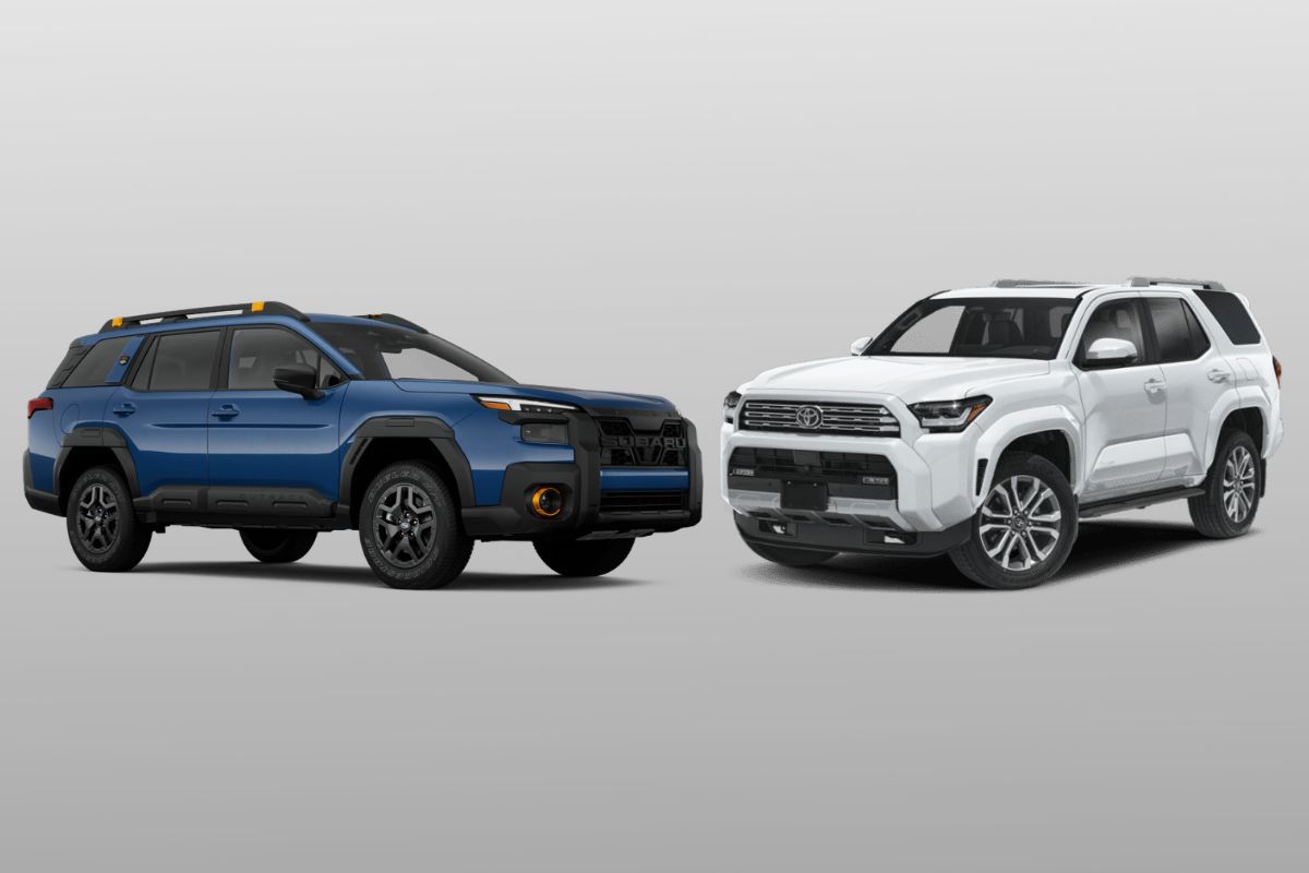 Blue Subaru Outback SUV and white Toyota 4Runner SUV side by side.