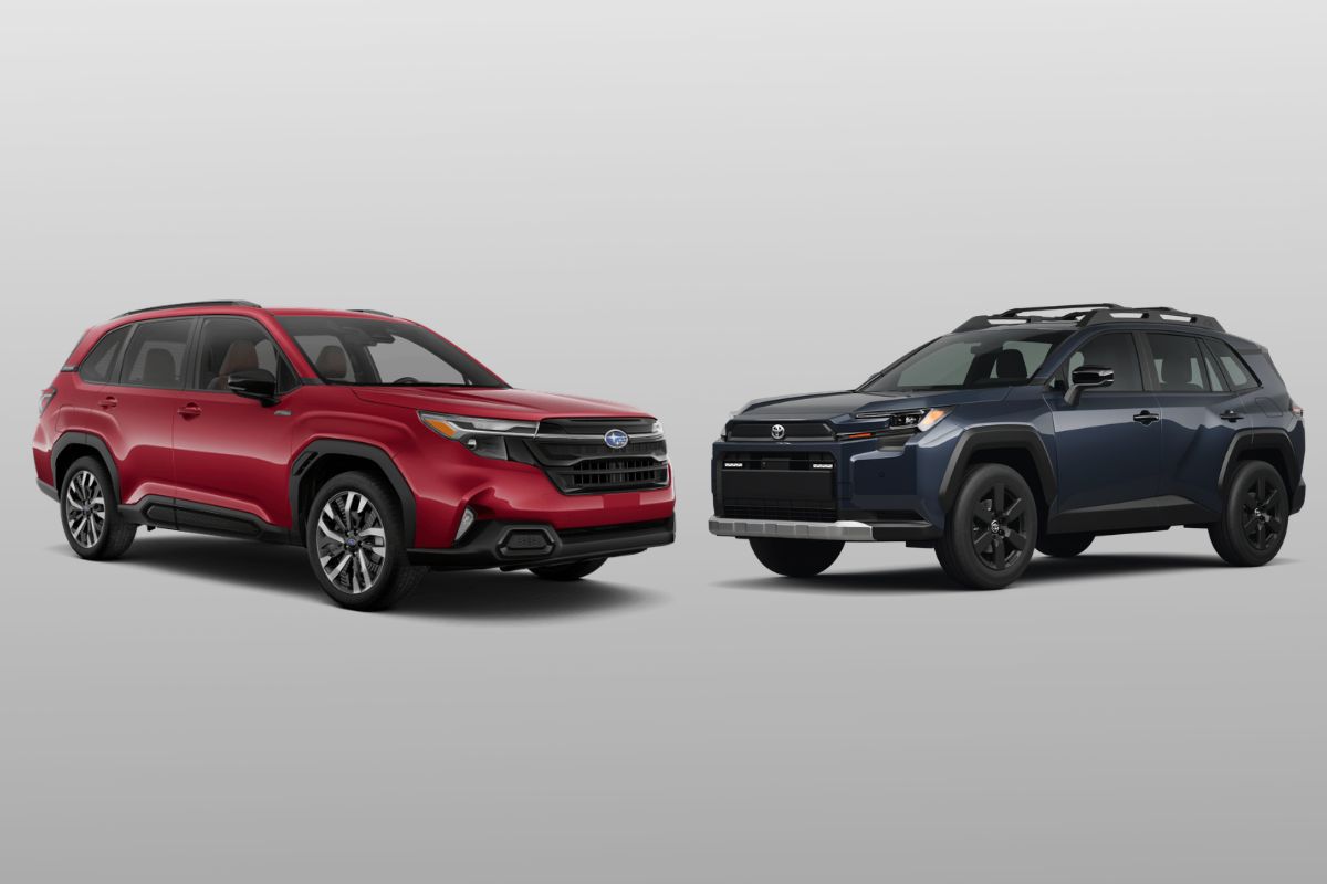 Red Subaru Forester Hybrid SUV and Blue Toyota Rav4 Hybrid SUV side-by-side