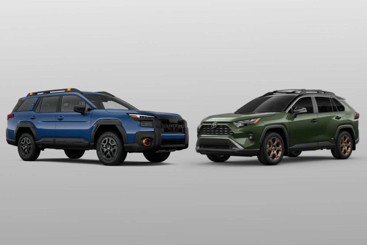 Blue Subaru Outback and green Toyota Rav4 SUV comparison shot.