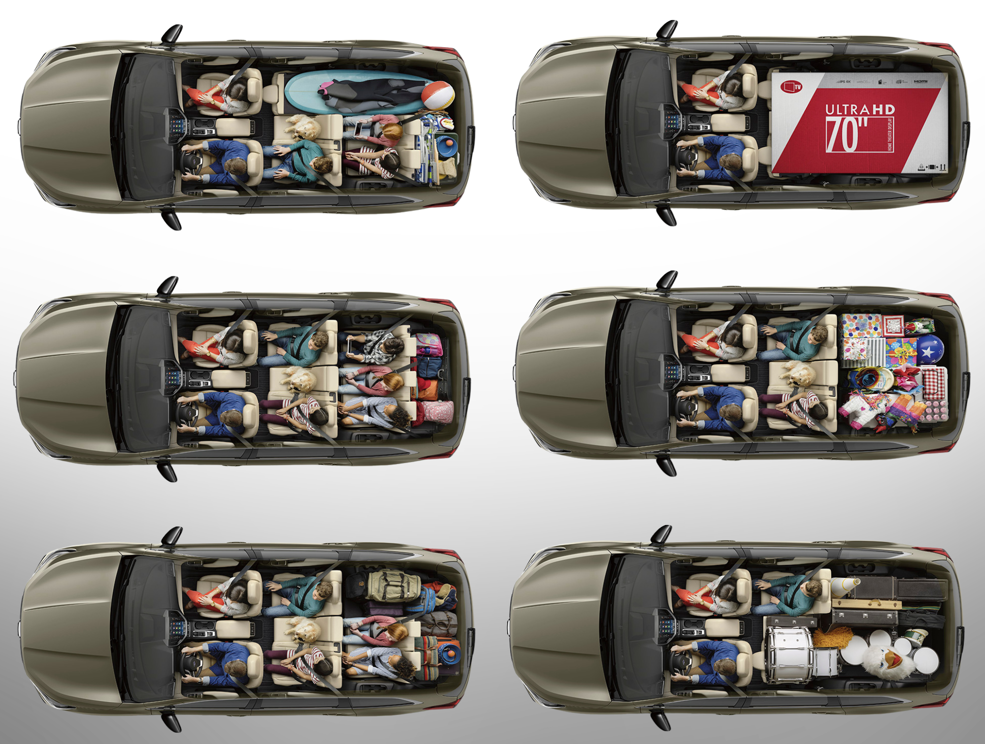 Six overhead views of a SUV interior showing various cargo and passenger configurations.