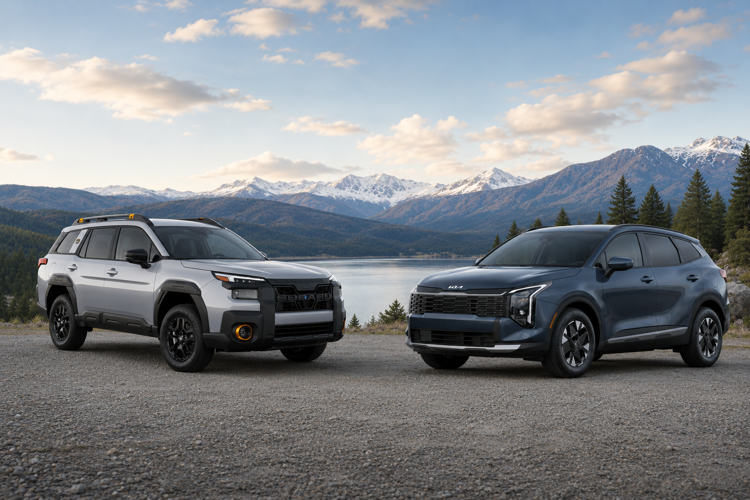 A silver 2026 Subaru Outback SUV and a dark blue 2026 Kia Sportage SUV parked on a gravel overlook with scenic mountains and a lake behind them.