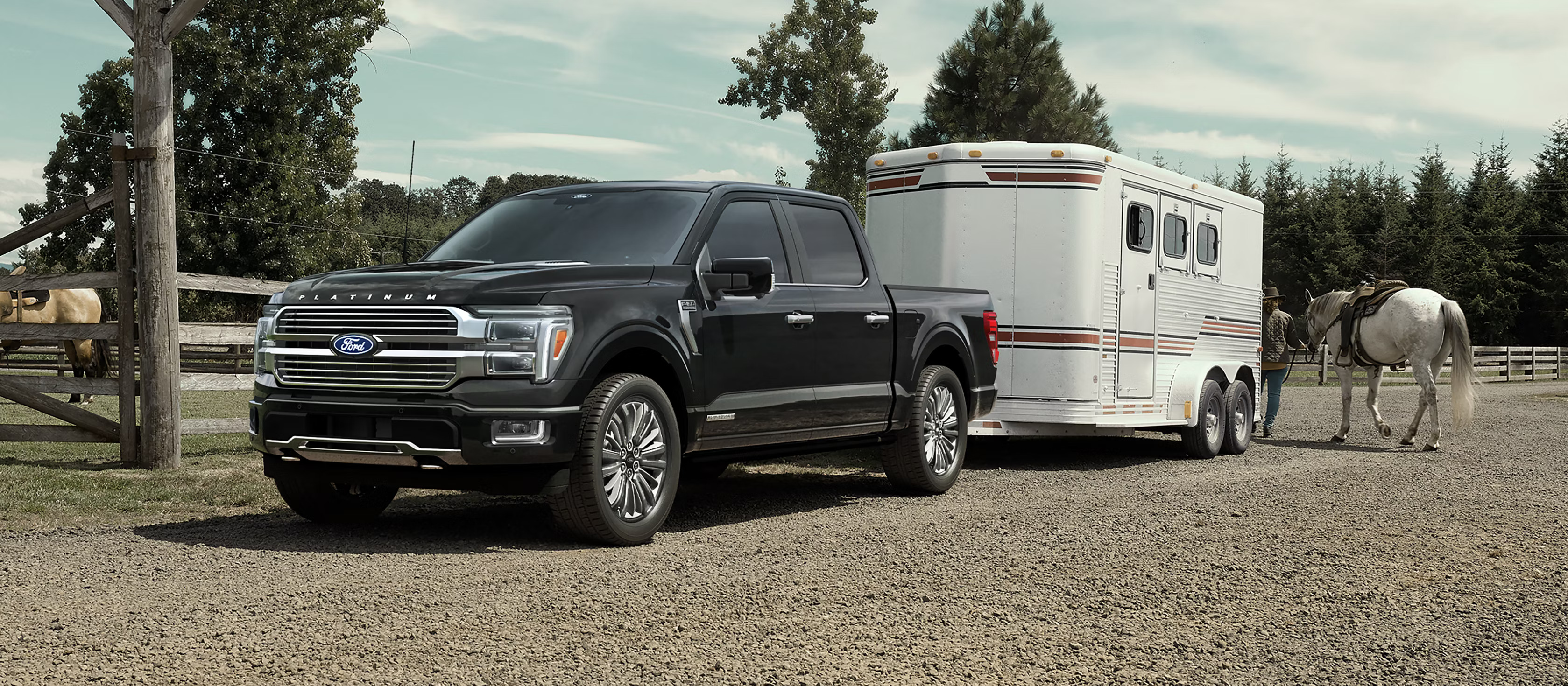A black Ford F-150 connected to a horse trailer on a ranch.