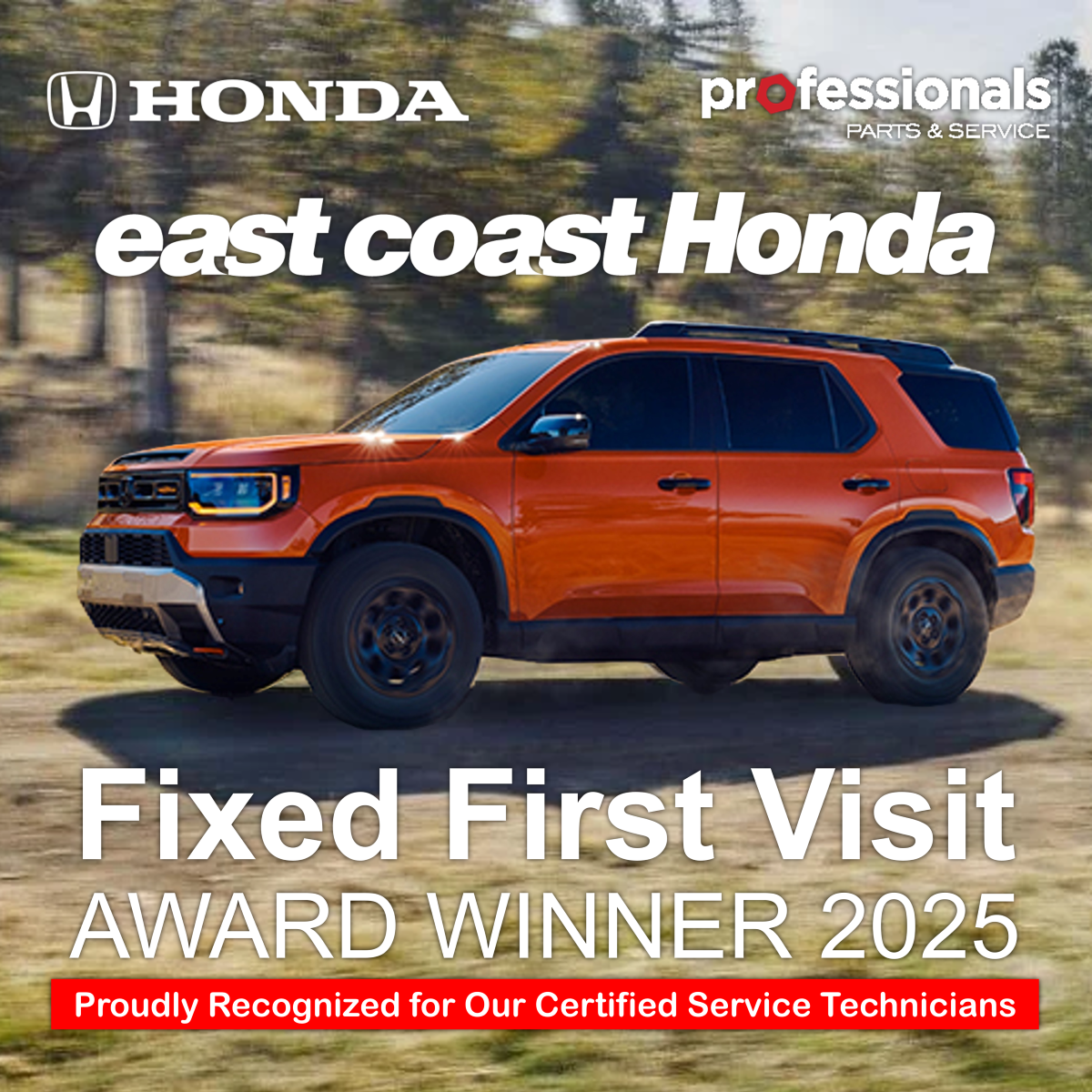 East Coast Honda Award Winner 2025: Orange SUV on a dirt road.