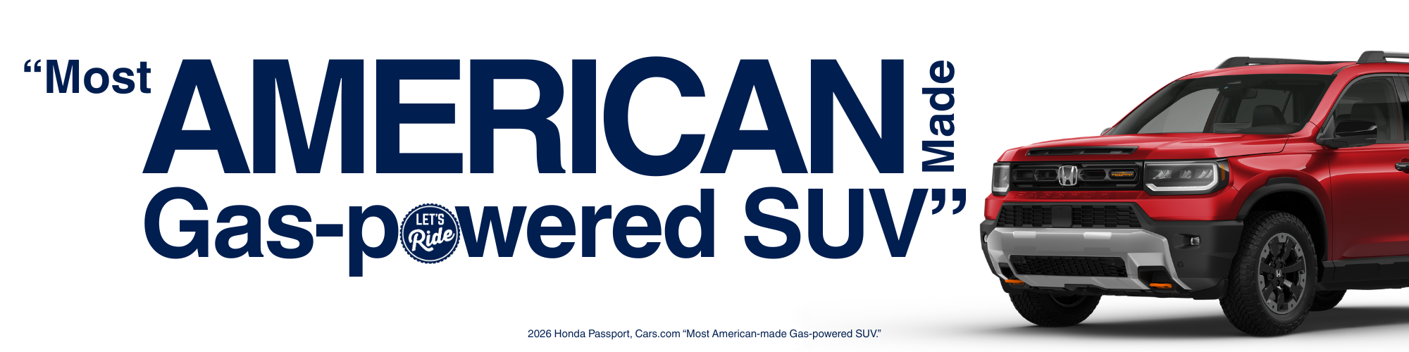 Red 2026 Honda Passport SUV advertised as 'Most American Made'.