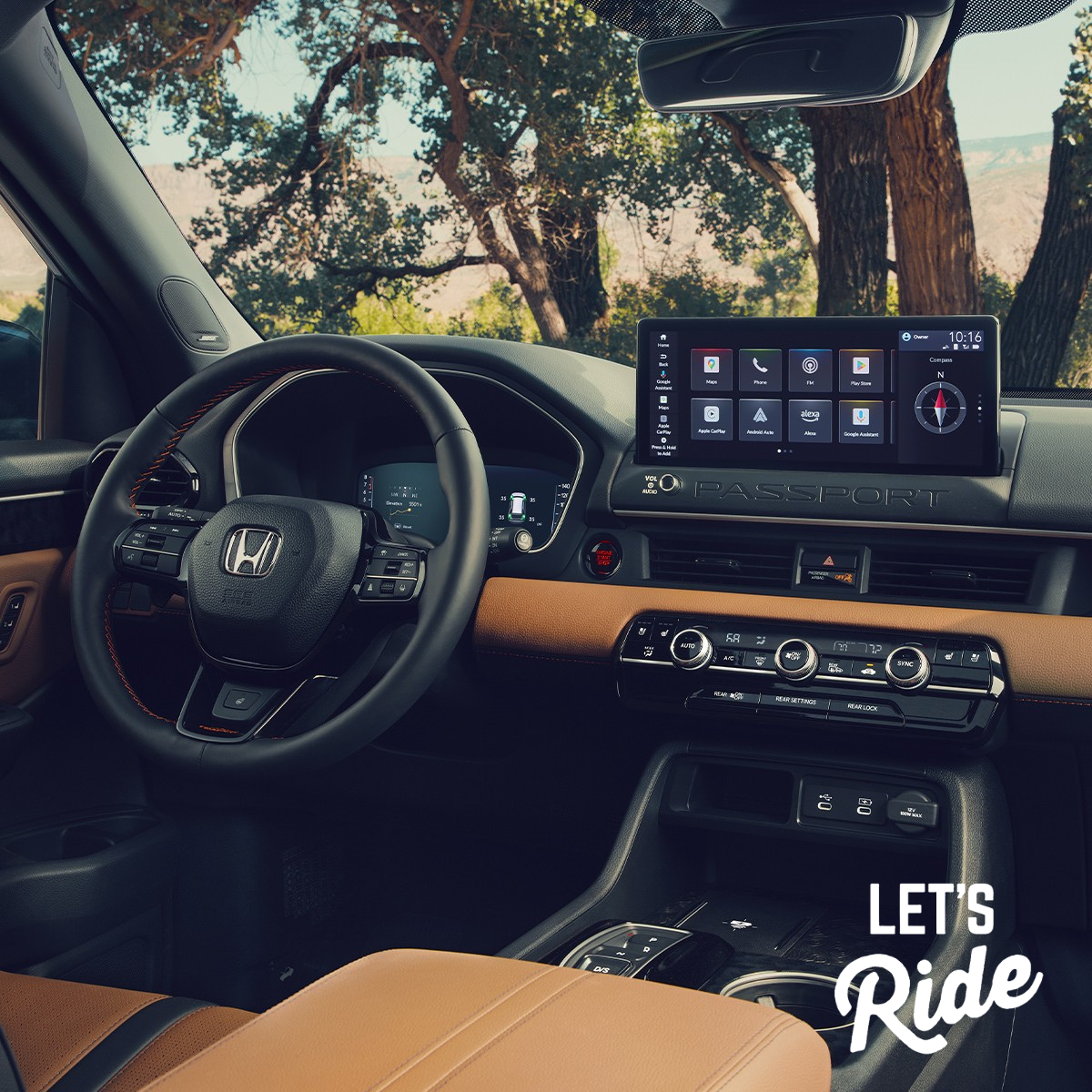 Interior view of the 2026 Honda Passport showing the 12.3-inch touchscreen and premium dashboard materials.