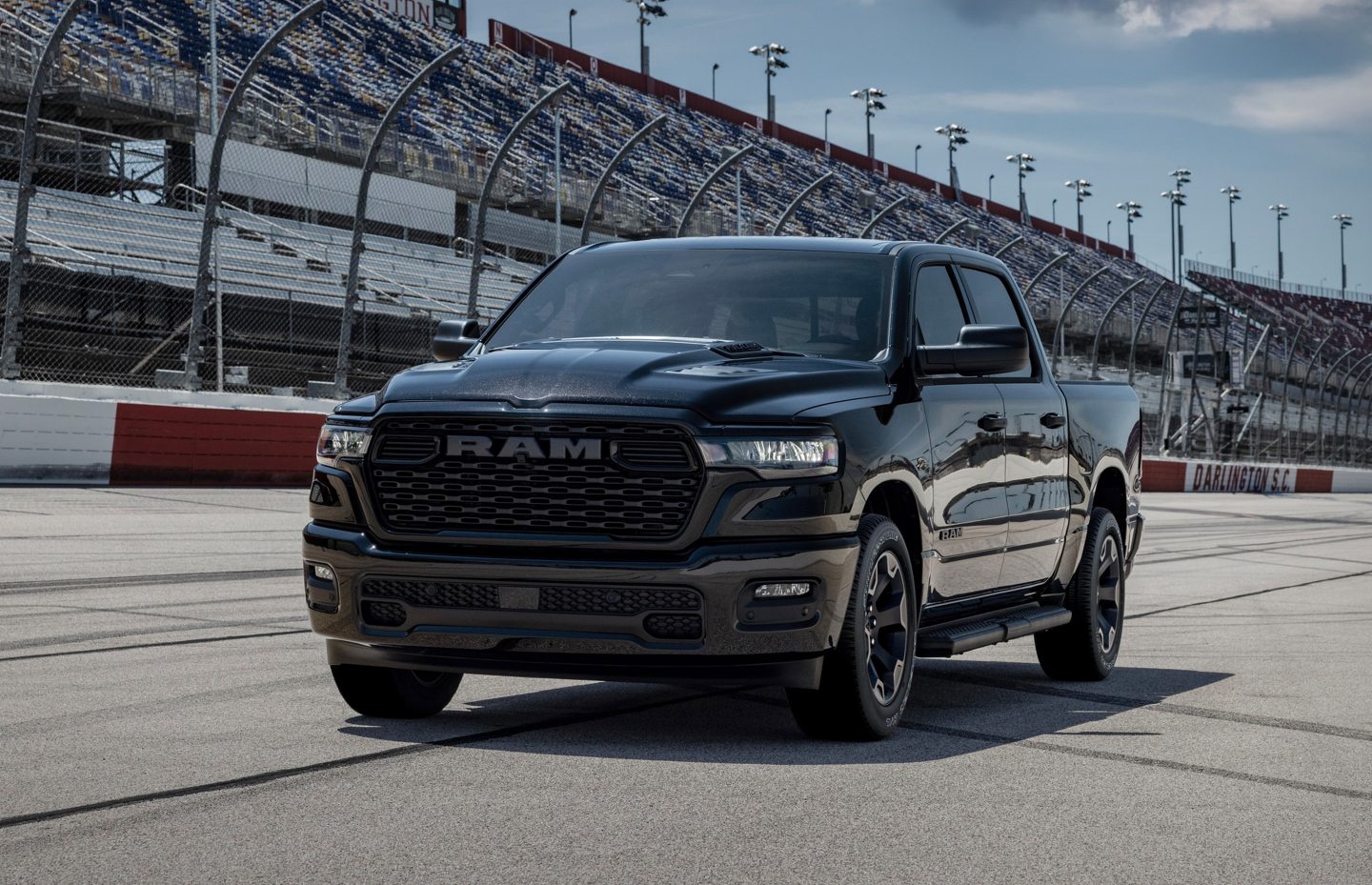 Black Ram 1500 pickup truck at Darlington Speedway.