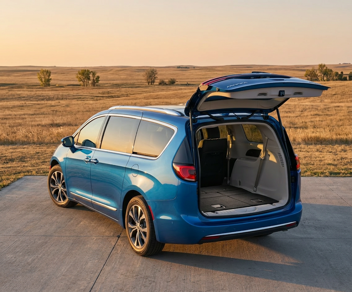 A blue Chrysler Pacifica minivan with its tailgate open, parked on a concrete pad overlooking a grassy field.