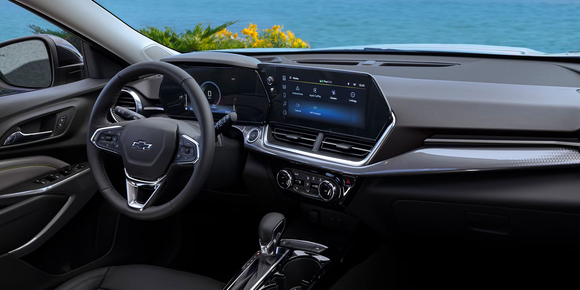 Interior view of a Chevrolet dashboard showing a digital gauge cluster and infotainment screen