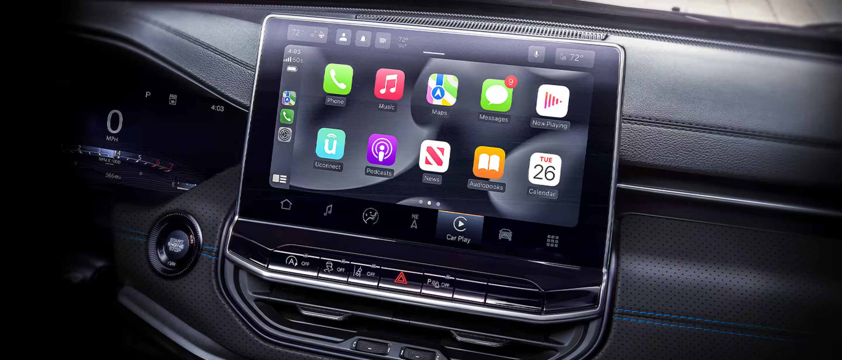 Modern vehicle dashboard featuring a large touchscreen with Apple CarPlay interface and digital instrument cluster.