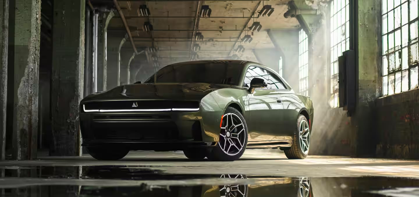 Dodge Charger parked inside an industrial building