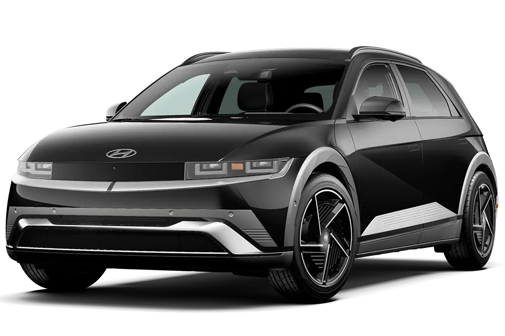 Front-side view of a black Hyundai IONIQ 5 electric SUV on a white background.