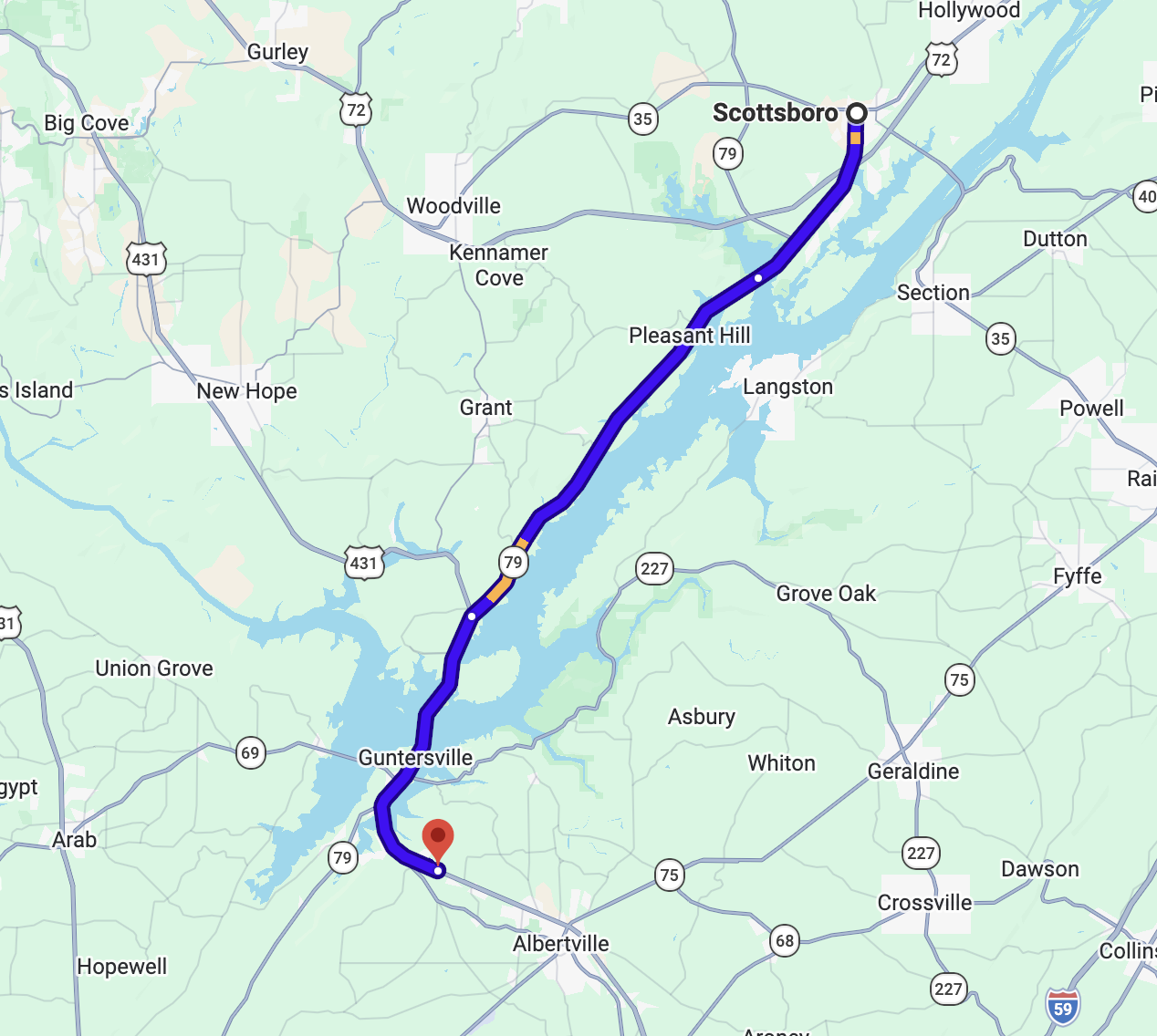 A simplified map showing the direct route via Highway 79 from Scottsboro to Guntersville Chevrolet