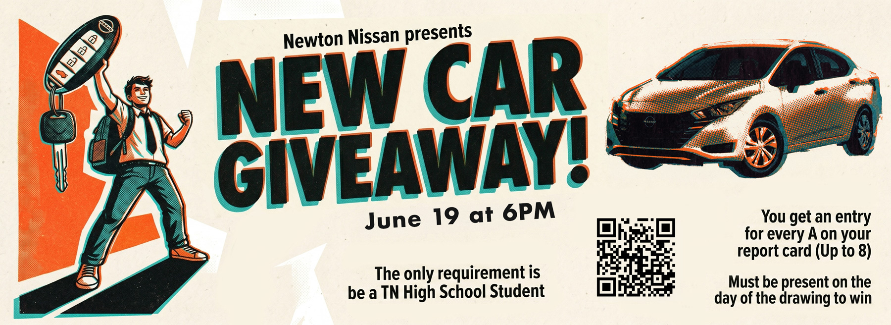 A brand new Nissan vehicle wrapped in a giant red bow at Newton Nissan of Gallatin dealership