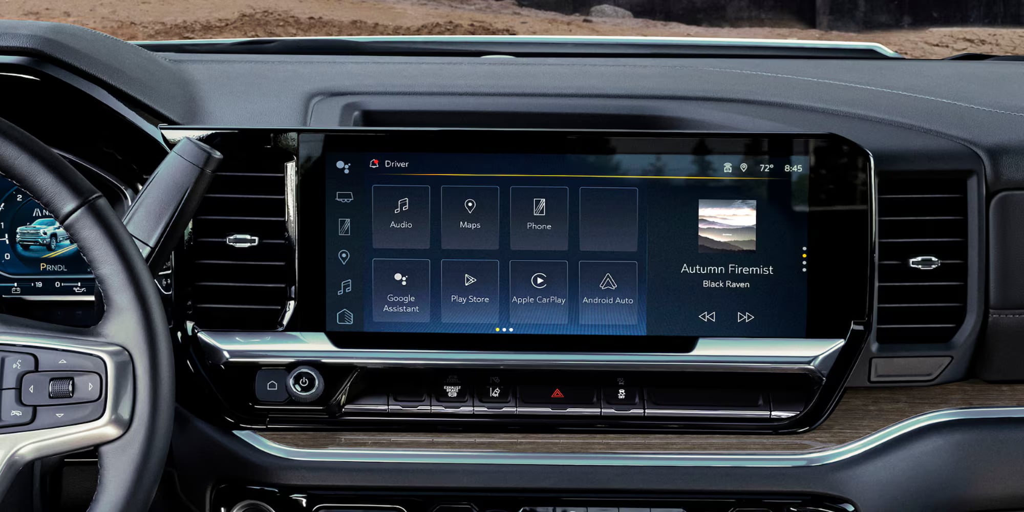 Silverado 3500 dashboard touchscreen display showing navigation, smartphone integration apps, and music playback controls.