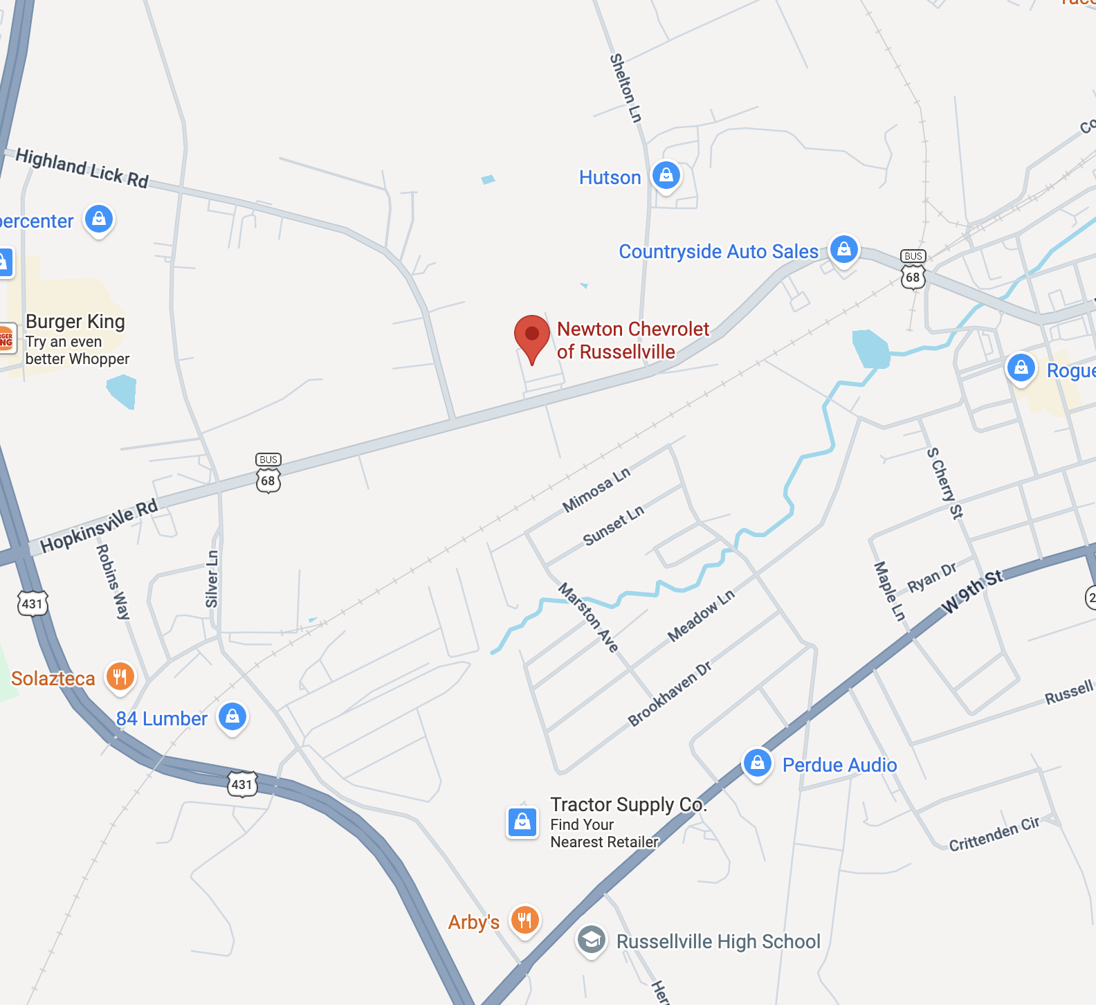 A map graphic showing the easy route from Fort Campbell to Newton Chevrolet in Russellville, KY.