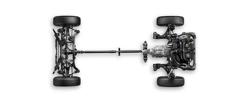 Top-down view of a vehicle's mechanical chassis with engine, drivetrain, and wheels isolated on a white background.