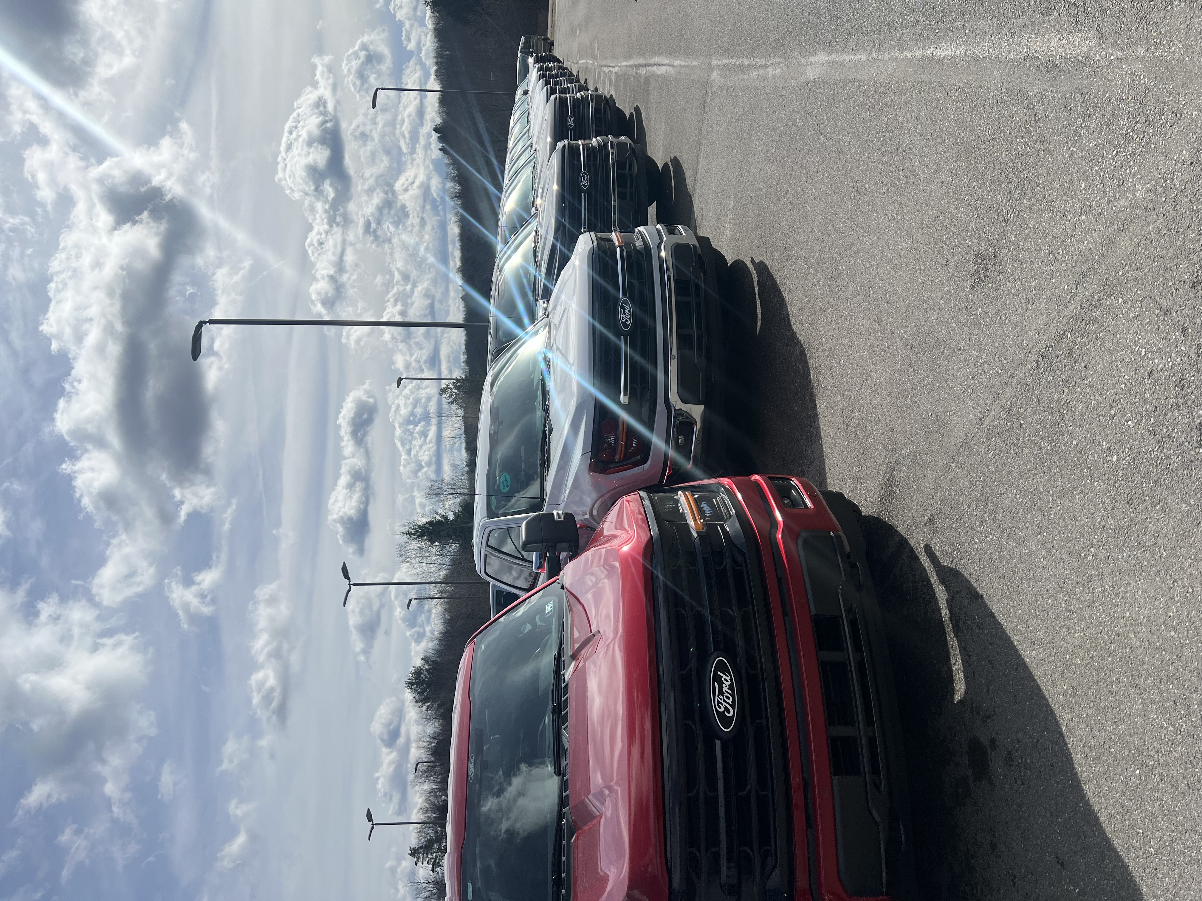 Row of new Ford pickup trucks lined up in a parking lot under a cloudy sky.