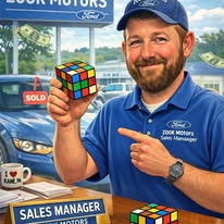 A man in a Ford polo shirt holding a Rubik's Cube at a car dealership with floating money.