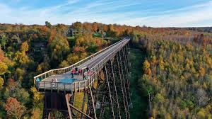 A long wooden railway trestle bridge converted into a skywalk over an autumn forest.