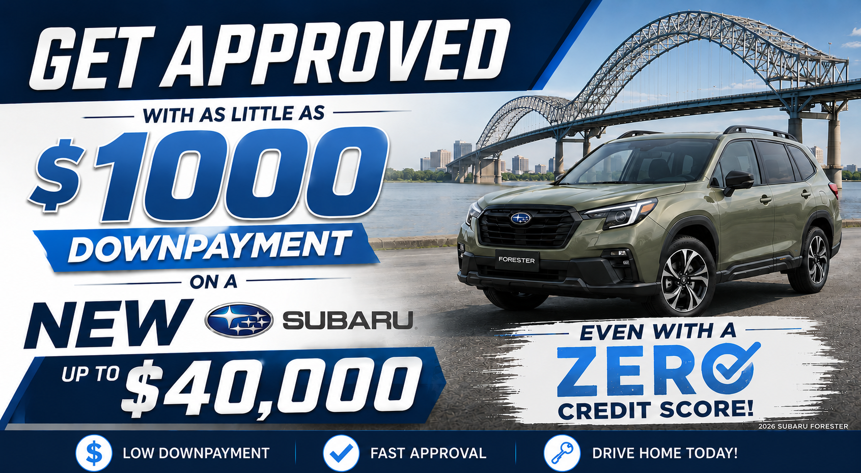 Advertisement for a new Subaru Forester with a financing options available for buyers with limited credit history.
