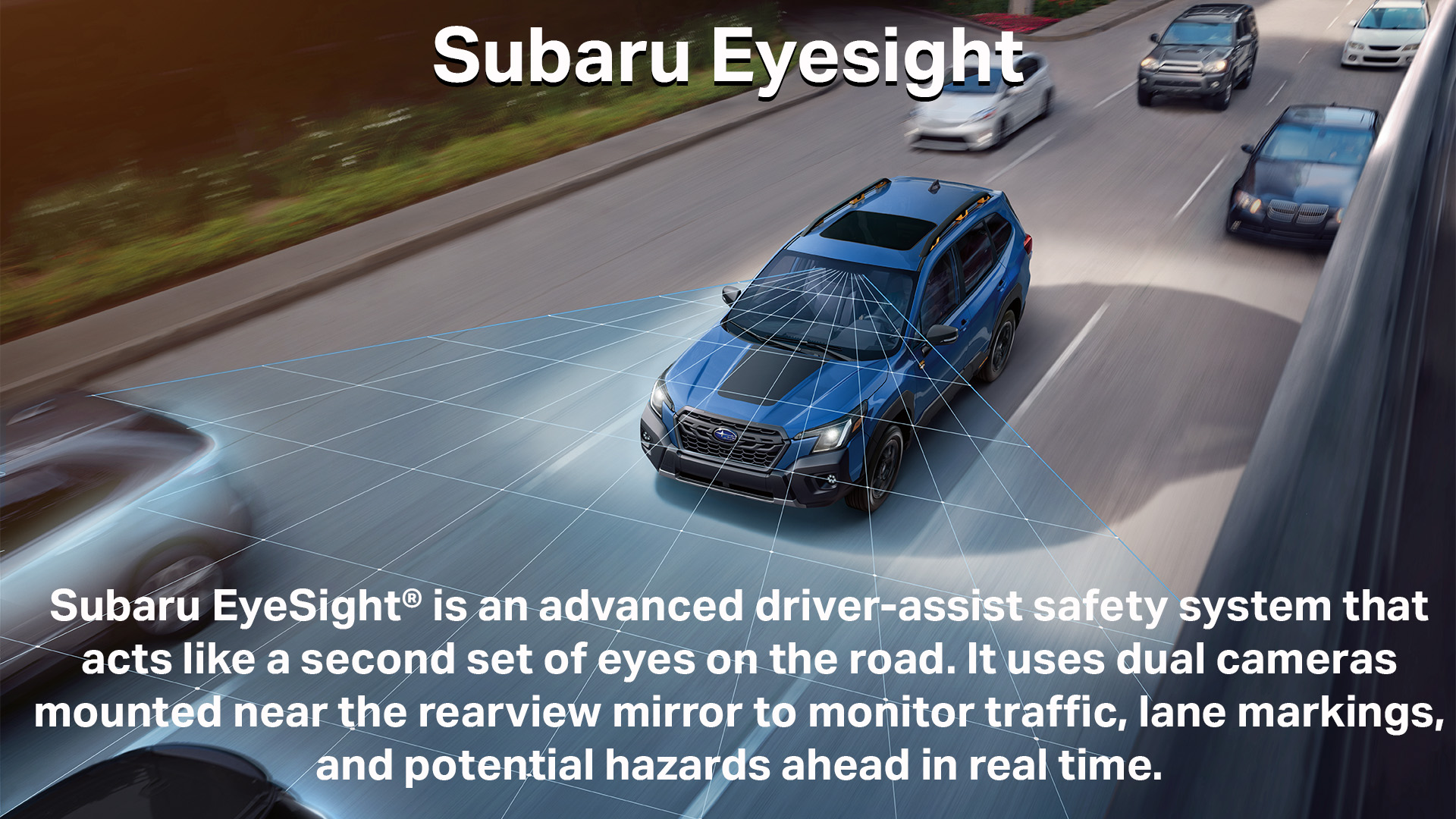 Close up of the Subaru EyeSight camera system mounted near the rearview mirror.