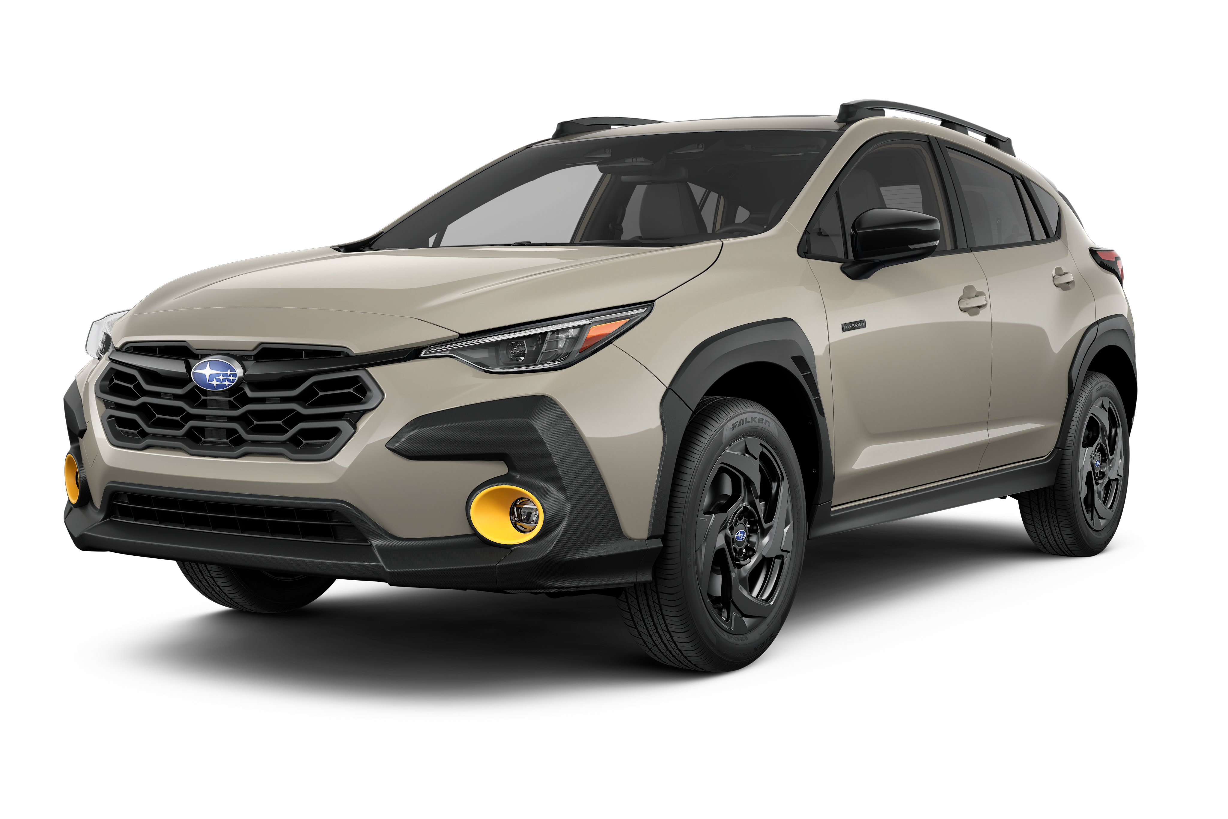 Sand-colored Subaru Crosstrek Wilderness Edition with yellow fog lights.