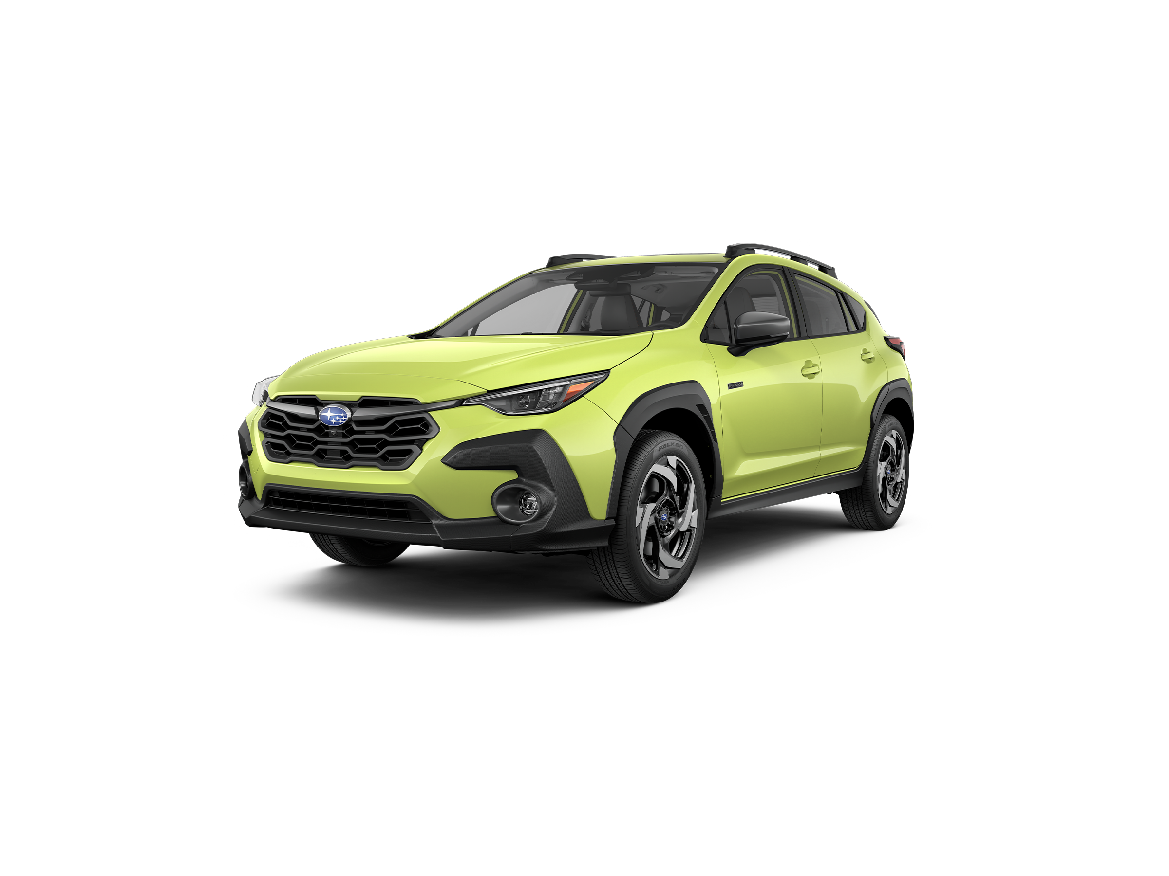 Lime green Subaru Crosstrek SUV on black background.