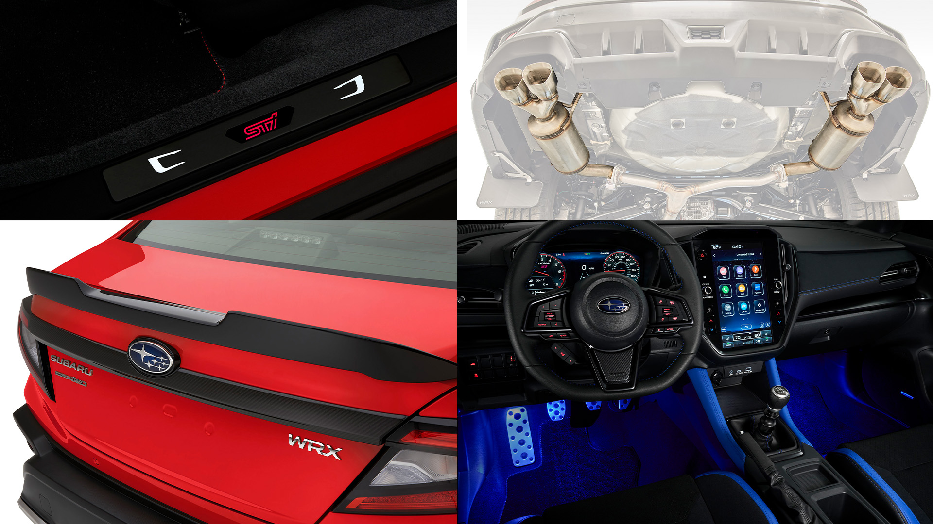 A display of genuine Subaru STI parts including shift knobs, spoilers, and performance exhaust components.