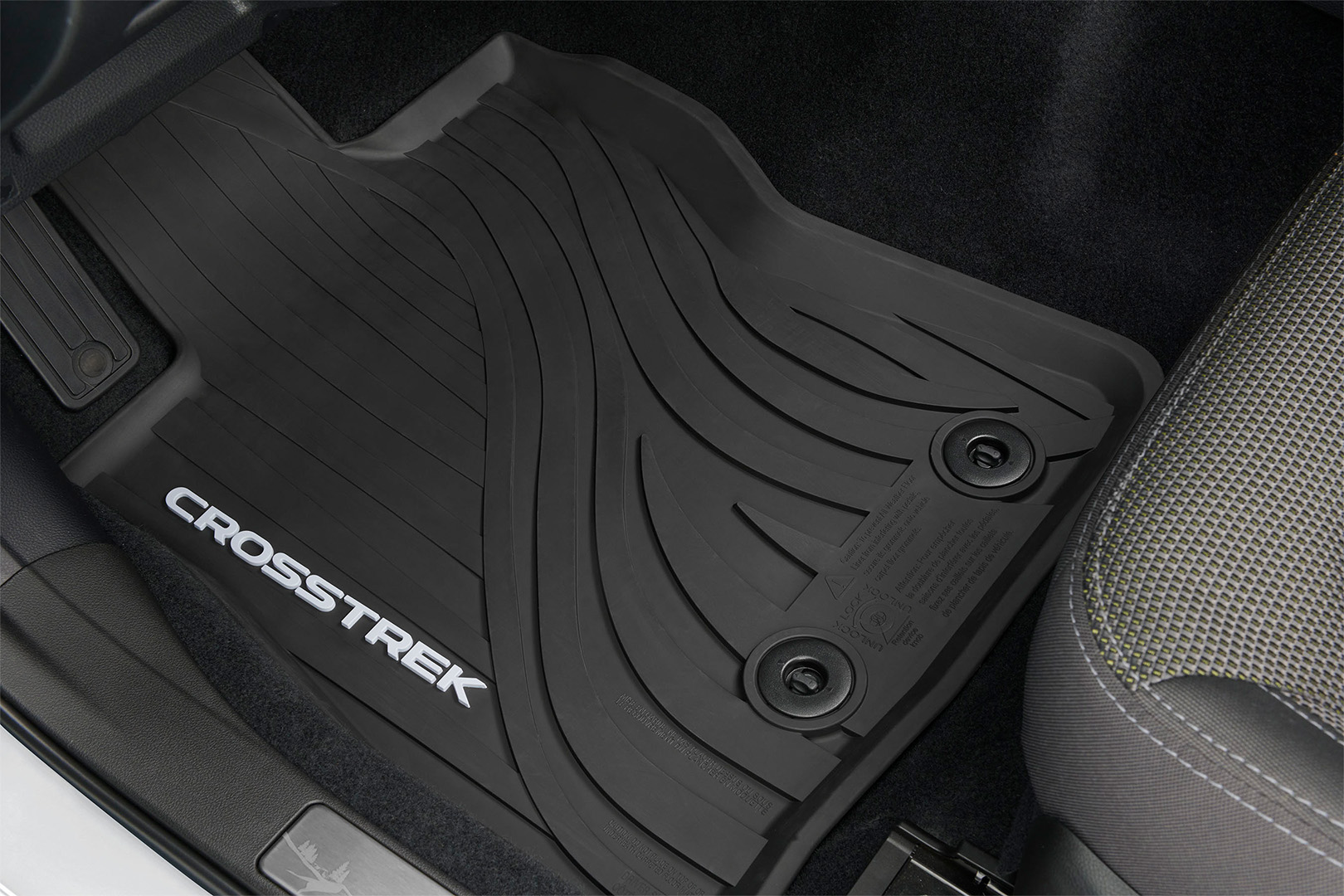 Subaru roof rack and all-weather floor mats displayed