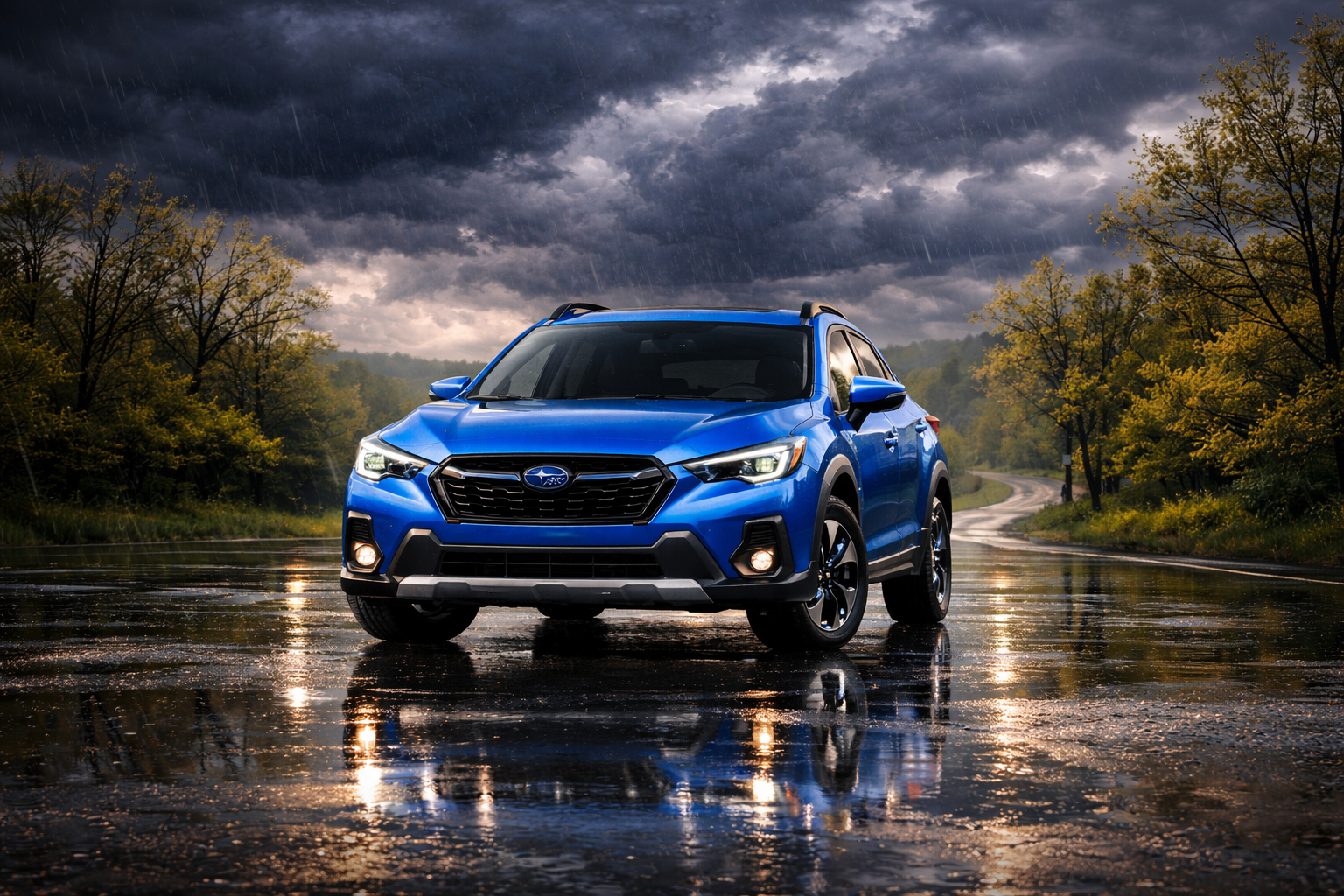 Bright blue Subaru Crosstrek parked on a wet road during a storm with dramatic clouds.