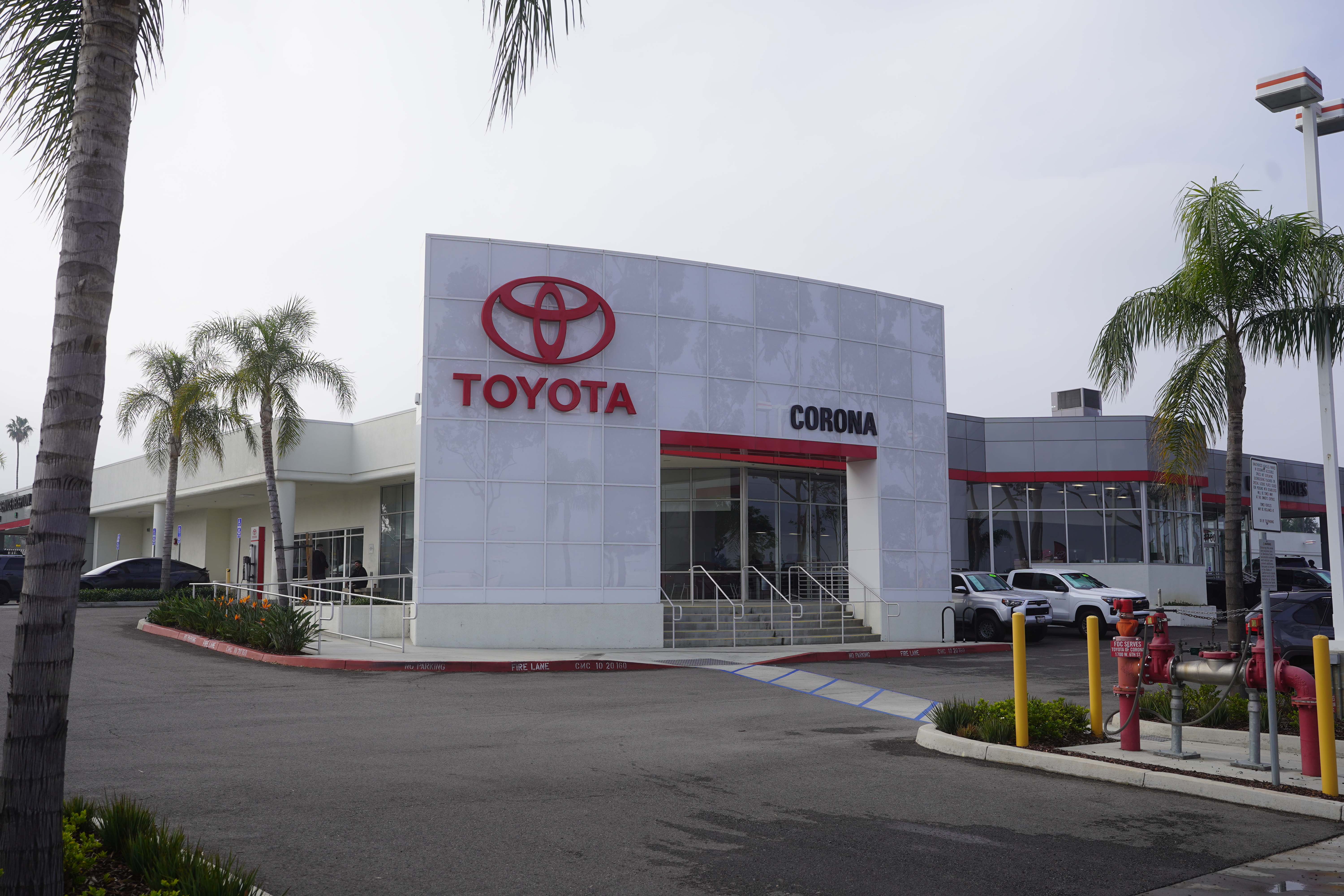 The modern exterior of Toyota of Corona located in Corona, CA.